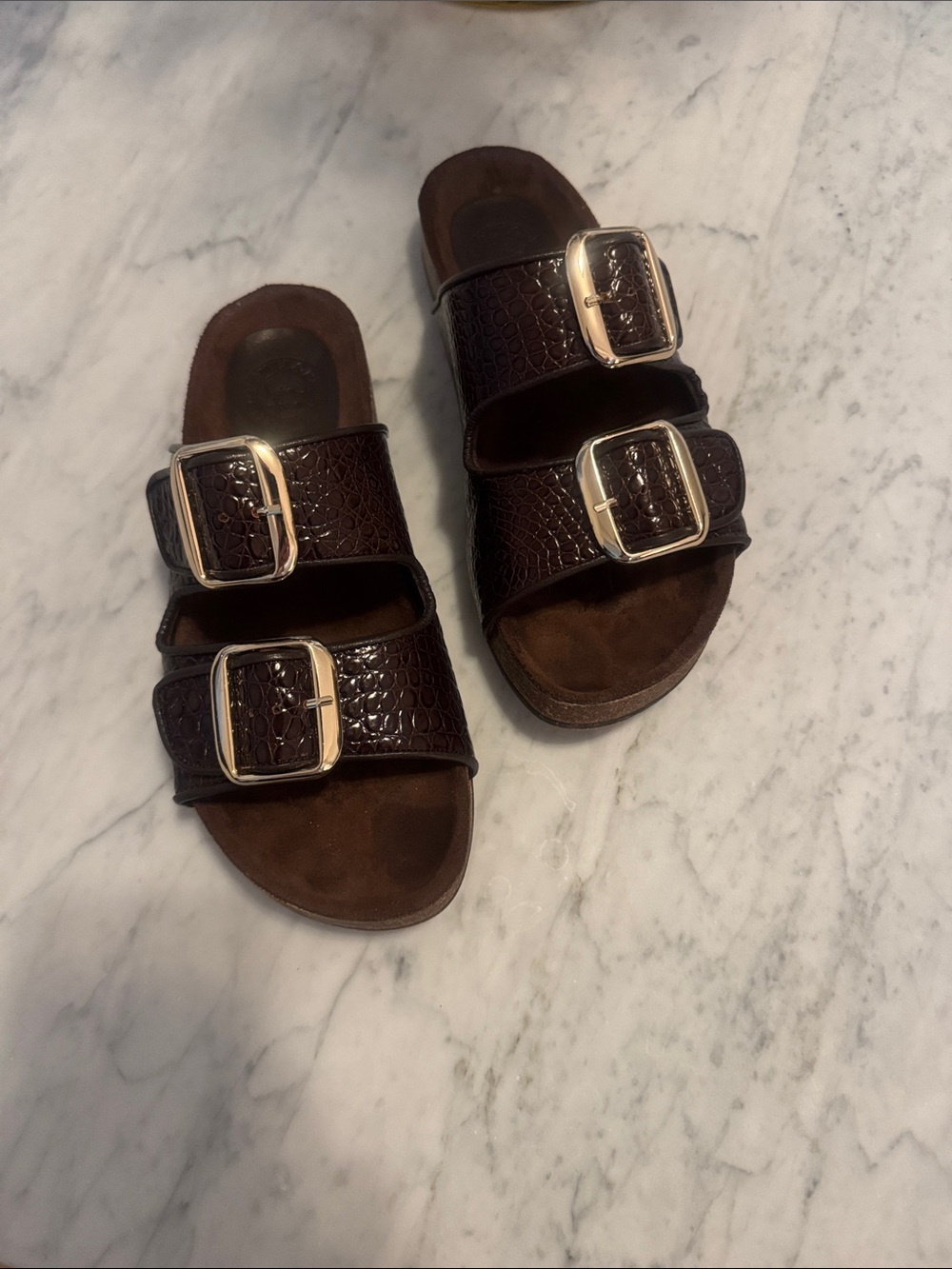 Penelope Chilvers Double Buckle Croc-Embossed Slide Sandals in Dark Brown